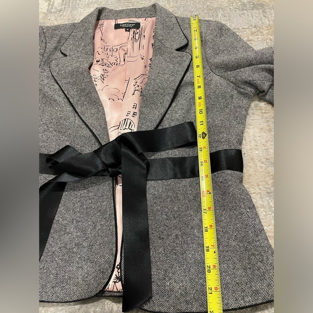 Karen Kane Wool Gray Black Piping & Ribbon Tie Suit Jacket Size 8 Pants Size 12 - Picture 11 of 16